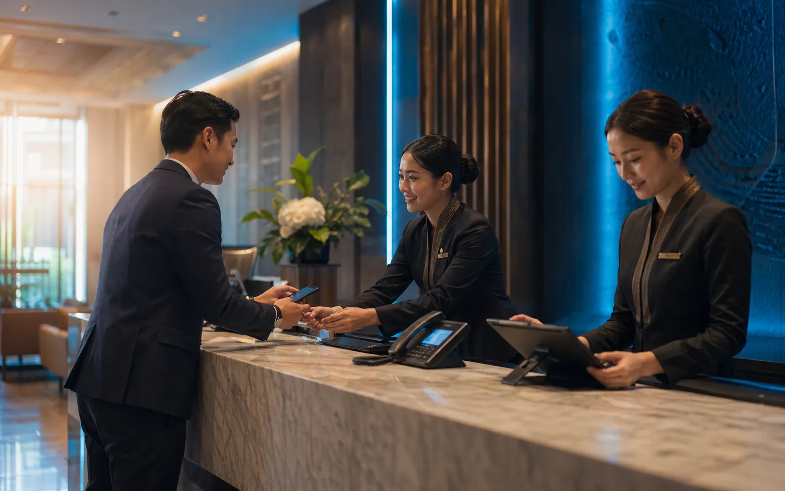 Hospitality team using IP phone at hotel reception, Industry IT Solutions